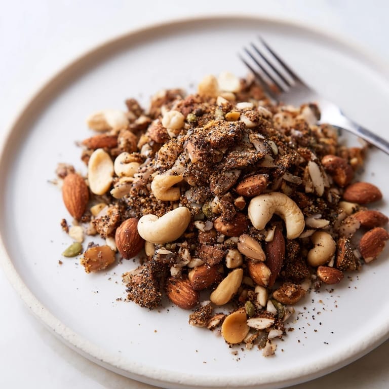 A close-up of toasted Spiced Nuts and Seeds Mix with almonds, cashews, and pepitas glistening with olive oil.