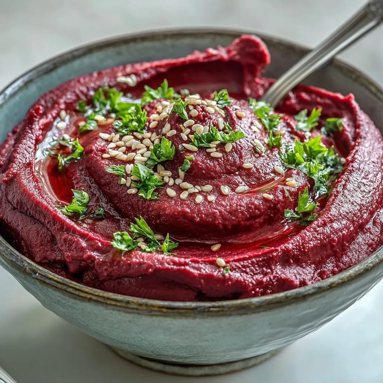 Vibrant pink Roasted Beet Hummus, drizzled with olive oil, ready to serve.