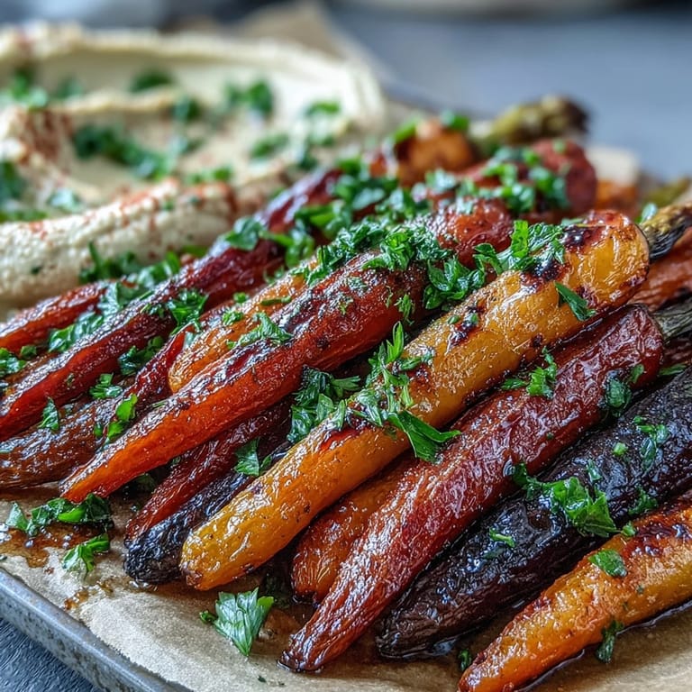 A vibrant platter showcasing tender, sweet rainbow carrots alongside smooth, garlicky hummus.