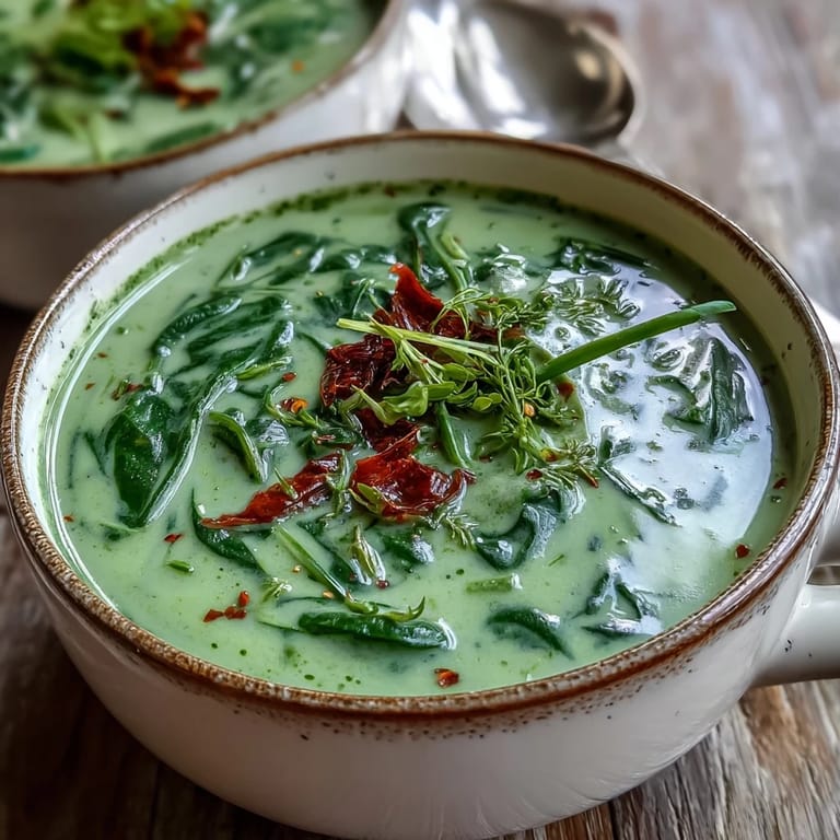 A close-up of vibrant Spinach Coriander Lemongrass Soup with a swirl of coconut milk and chili garnish.