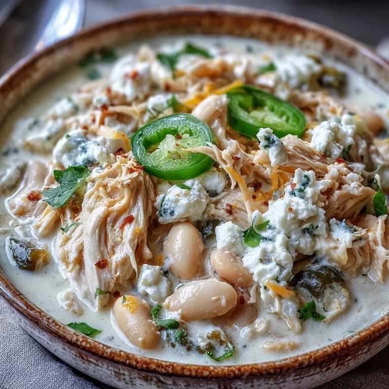 Hearty White Chicken Chili garnished with green onions and cheddar, ready to be enjoyed with crunchy tortilla chips.