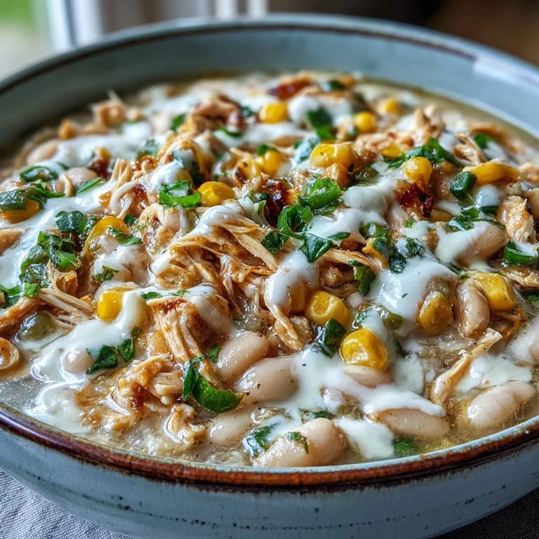 Creamy White Chicken Chili with tender shredded chicken, sweet corn, and white beans in a rich, flavorful broth.