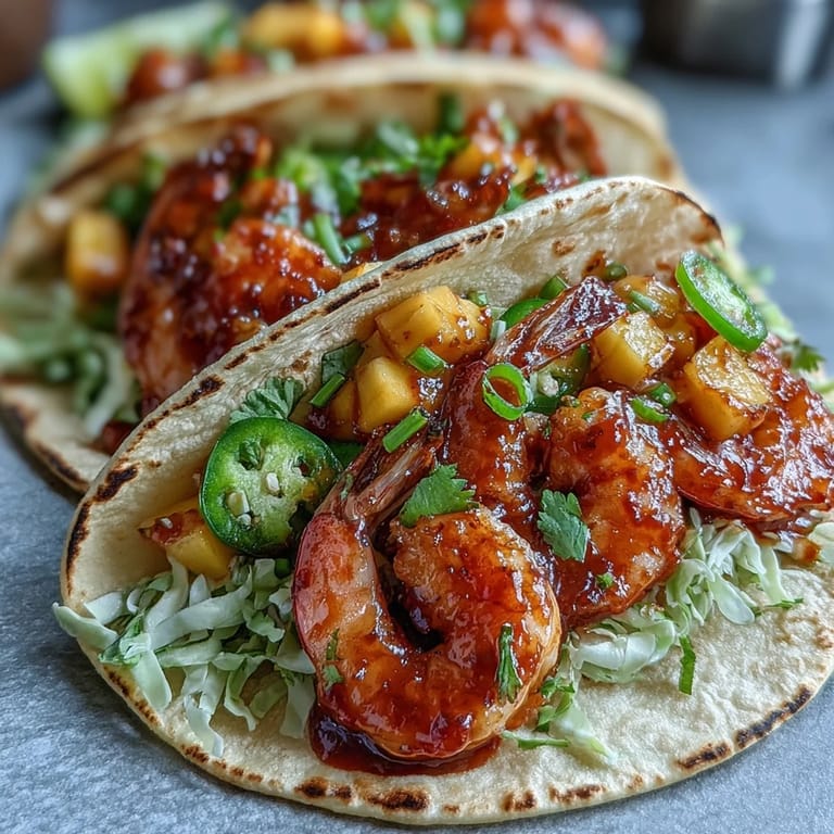 Sriracha Shrimp Tacos with Mango Salsa sit on a plate with lime wedges and cabbage.