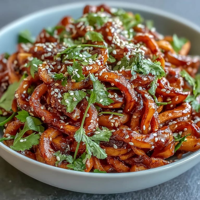 Close-up of Gochujang Swede Noodles, showcasing glossy noodles and roasted swede ribbons tossed with julienned carrots and bean sprouts in a rich sauce.