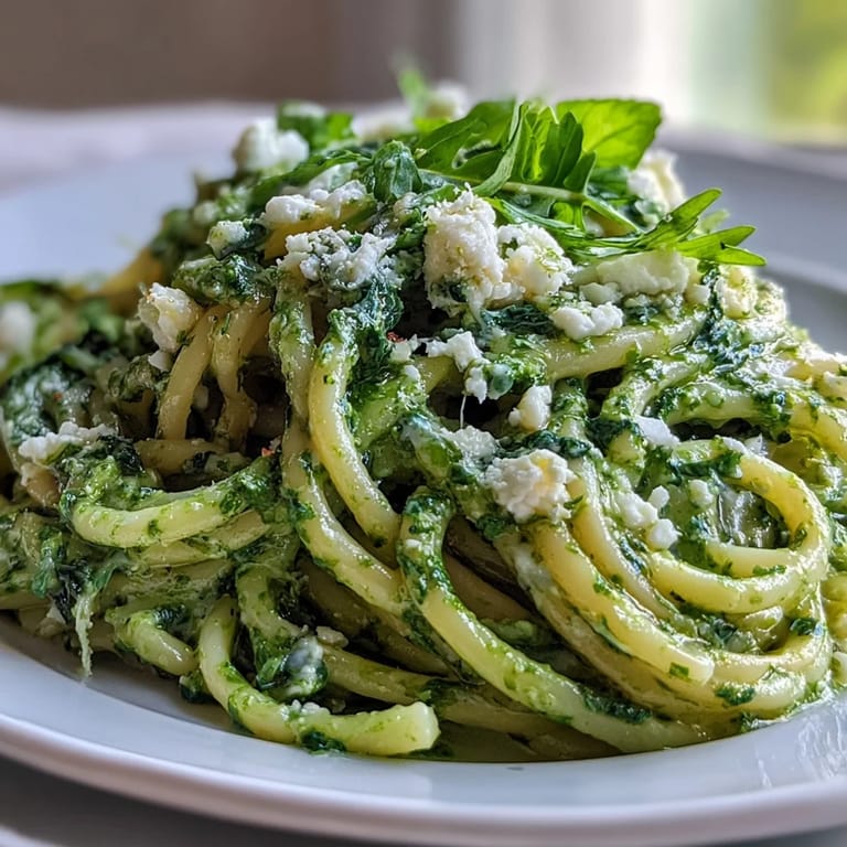Steaming Linguine with Arugula Pesto plated beside a glass of white wine on a rustic table.