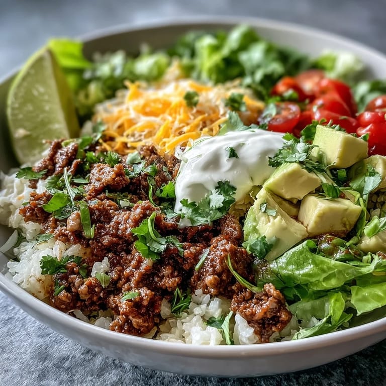 Easy Low Carb Burrito Bowl with sautéed beef and peppers, fluffy cauliflower rice, and vibrant garnishes ready for weeknight dinner.
