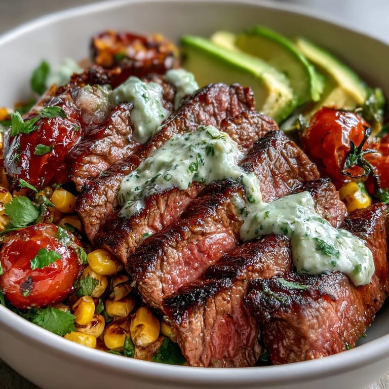This Tex-Mex dinner features juicy steak, creamy avocado, and charred corn over fluffy rice, garnished with Cotija cheese and fresh cilantro leaves.