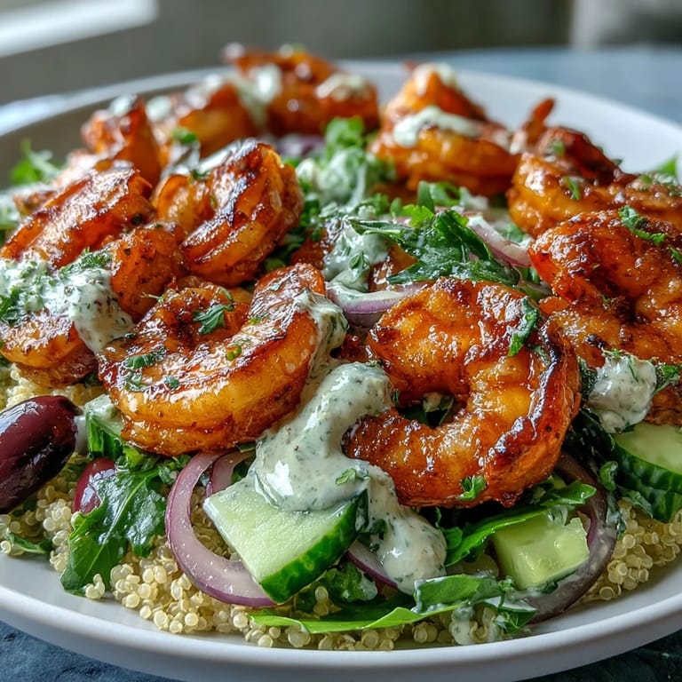 Colorful Mediterranean Shrimp Bowl featuring spinach, Kalamata olives, and red onion, topped with parsley and lemon wedges.