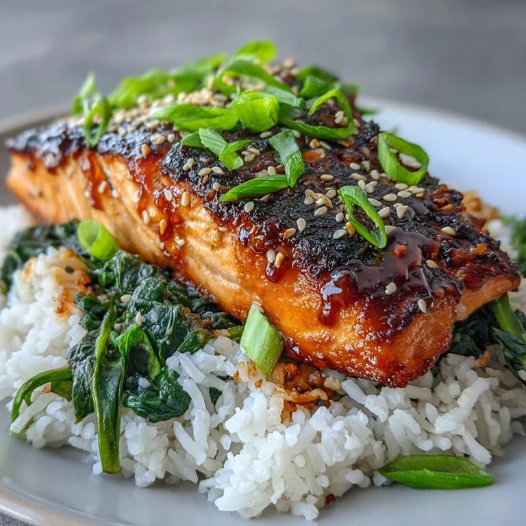 Miso Glazed Salmon Bowl with flaky glazed salmon over ginger rice and sautéed spinach, garnished with lime and nori.