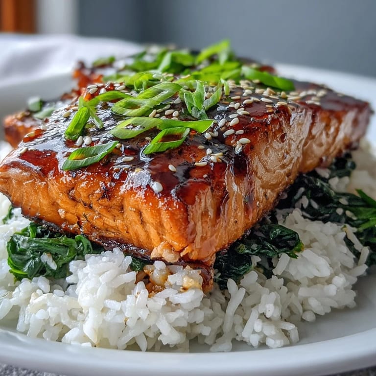 A vibrant Miso Glazed Salmon Bowl featuring caramelized salmon, fragrant jasmine rice, and savory spinach, served with sesame seeds.