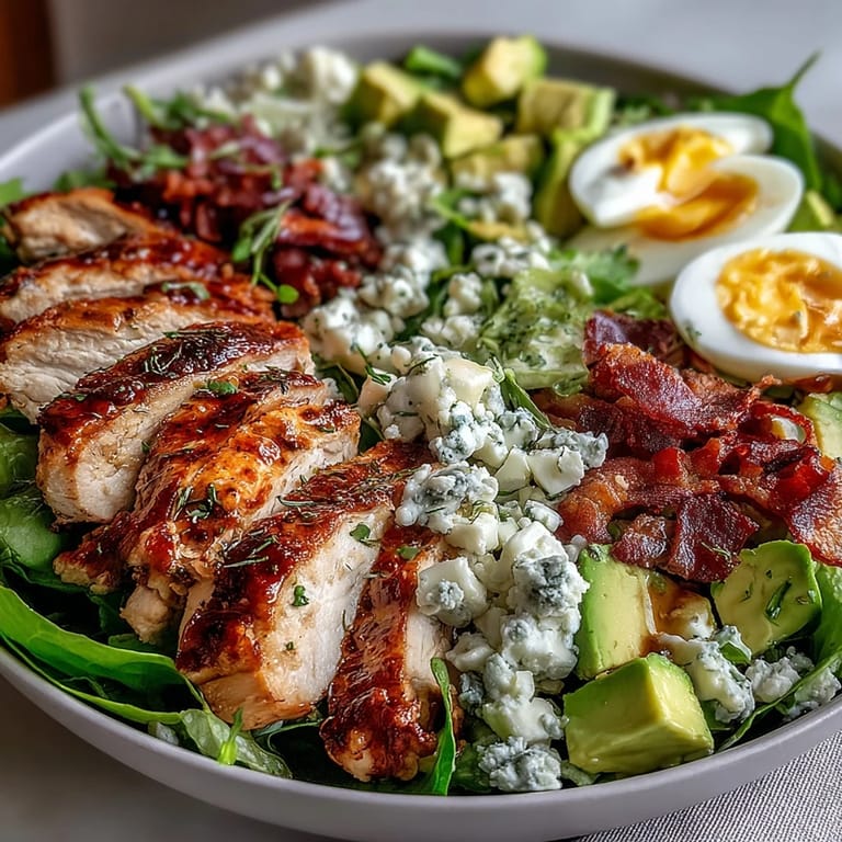 Colorful Cobb Salad Bowl with tender chicken, smoky bacon, blue cheese, avocado, and quartered eggs, drizzled with ranch for a classic American dinner.