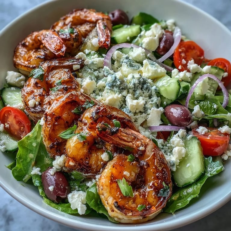 Succulent grilled shrimp Greek Shrimp Bowl featuring crisp cucumber, briny Kalamata olives, and crumbled feta cheese for a fresh Mediterranean meal.