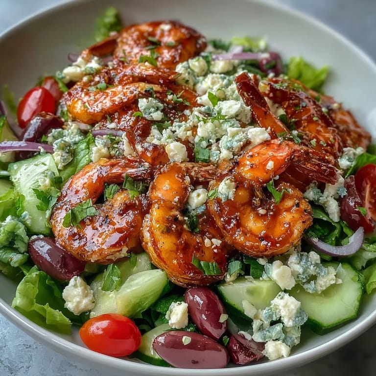 Ready-to-serve Greek Shrimp Bowl garnished with fresh herbs, juicy tomatoes, and a zesty lemon-olive oil dressing over a colorful salad.