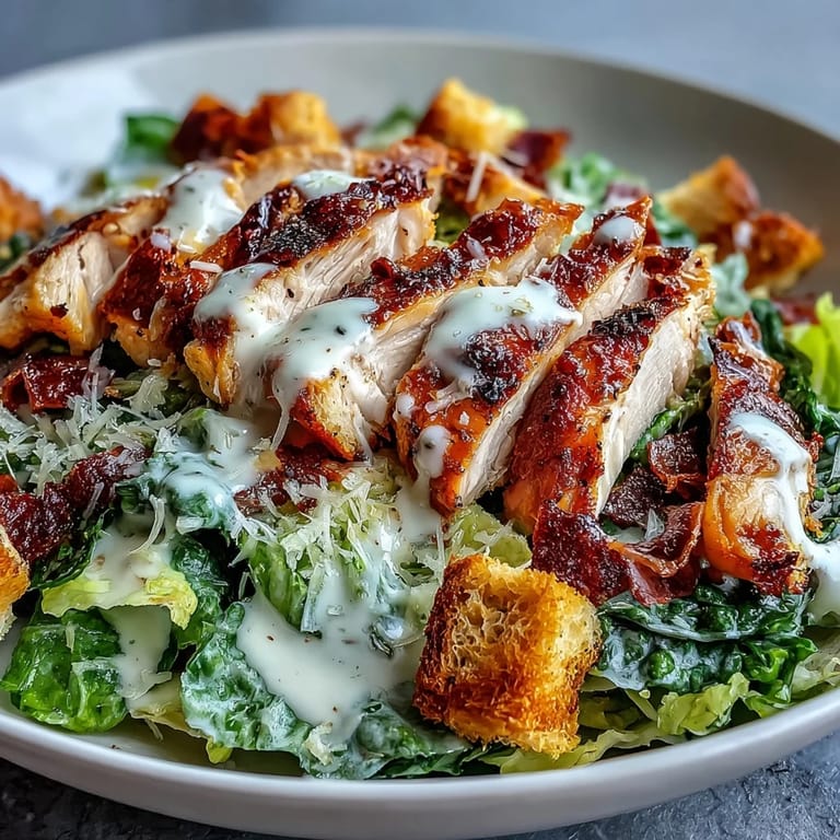 A hearty Caesar Chicken Bowl topped with parmesan, croutons, and extra drizzle of dressing.