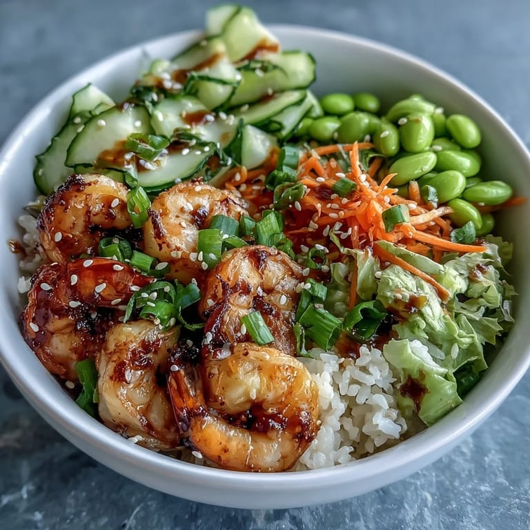 A close-up of a healthy Asian Shrimp Bowl featuring tender shrimp, edamame, cucumber, and carrots, garnished with sesame seeds and scallions.