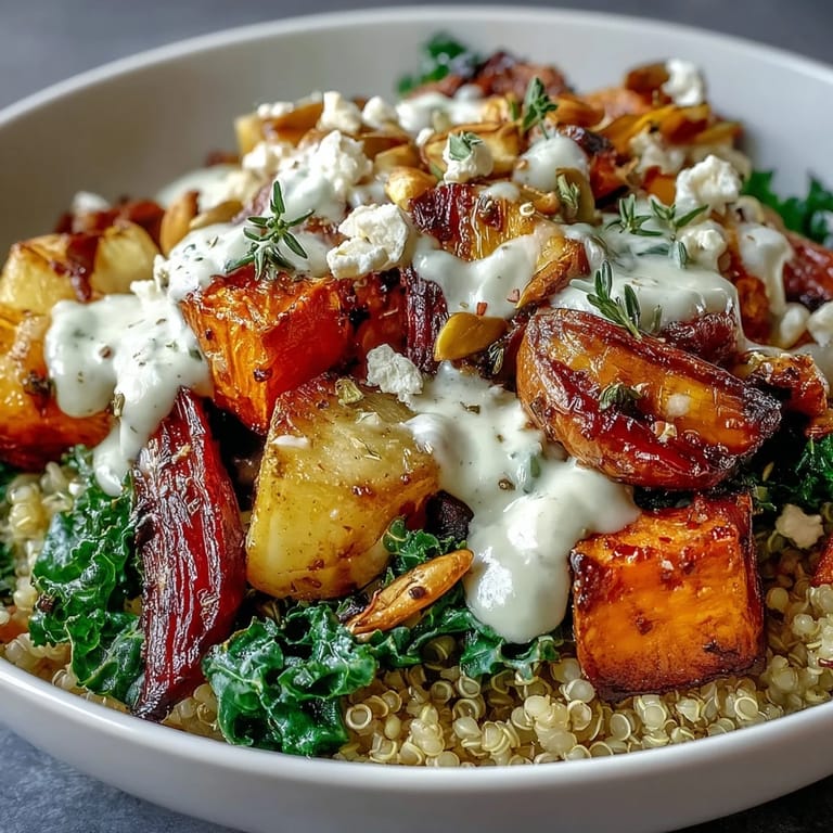 The assembled Hearty Winter Grain Bowl with colorful roasted vegetables and feta, ready to serve with a side of sparkling lemon water.