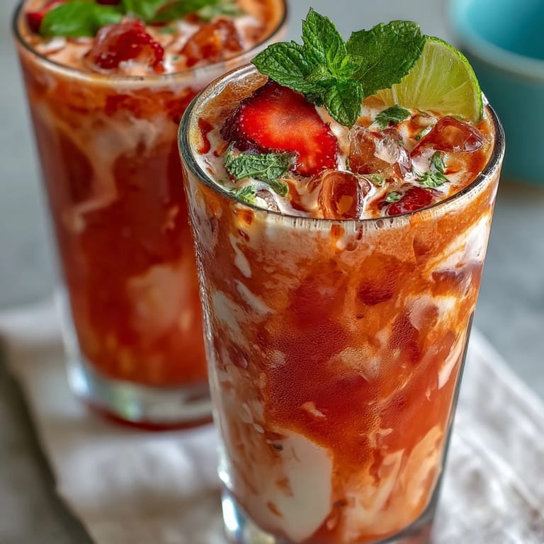 Vibrant DIY Iced Guava Passionfruit Drink layered over ice with lime and pineapple slices.
