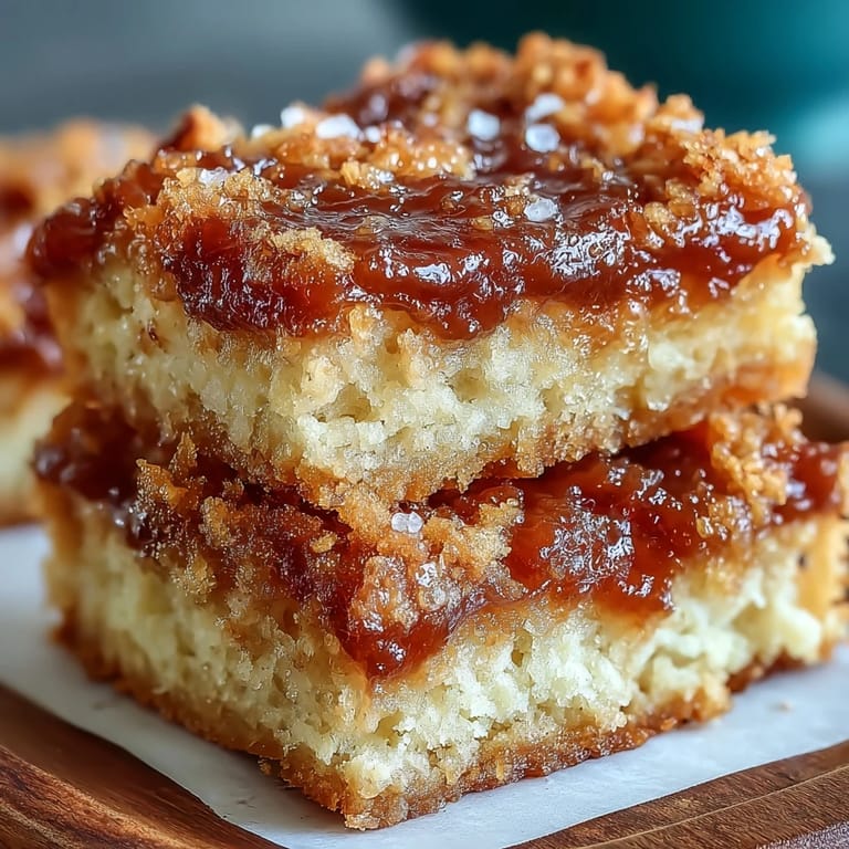Overhead view of Guava Cake Bars with powdered sugar dusting, served on a rustic wooden board.