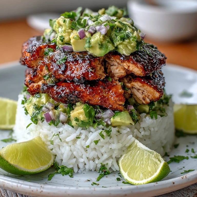 Freshly made Tangy Honey Lime Chicken & Avocado Rice Stack served warm with vibrant avocado topping and cilantro.