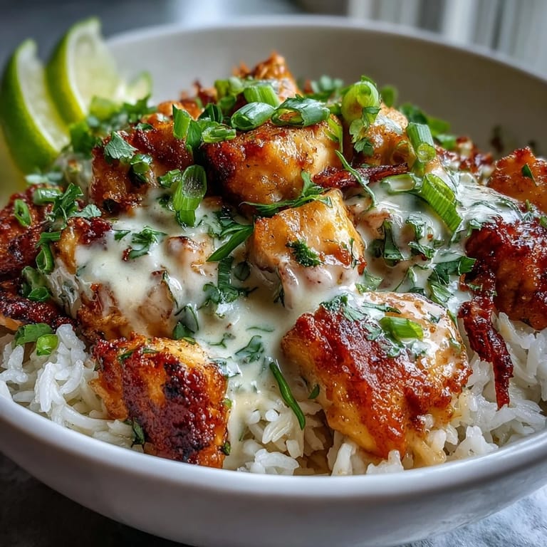 Vibrant bowl of coconut chicken rice with sautéed garlic and ginger, finished with fresh herbs and a lime wedge.