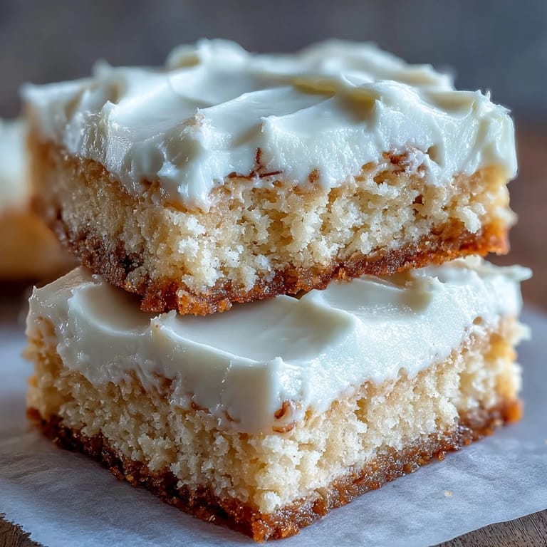 Golden-baked Almond Flour Sugar Cookie Bars topped with smooth frosting, cut into squares on a white plate.