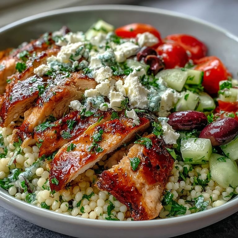 Appetizing Mediterranean Pearl Couscous Chicken Bowls topped with crumbled feta, fresh parsley, and a lemon wedge, ready for a weeknight dinner.