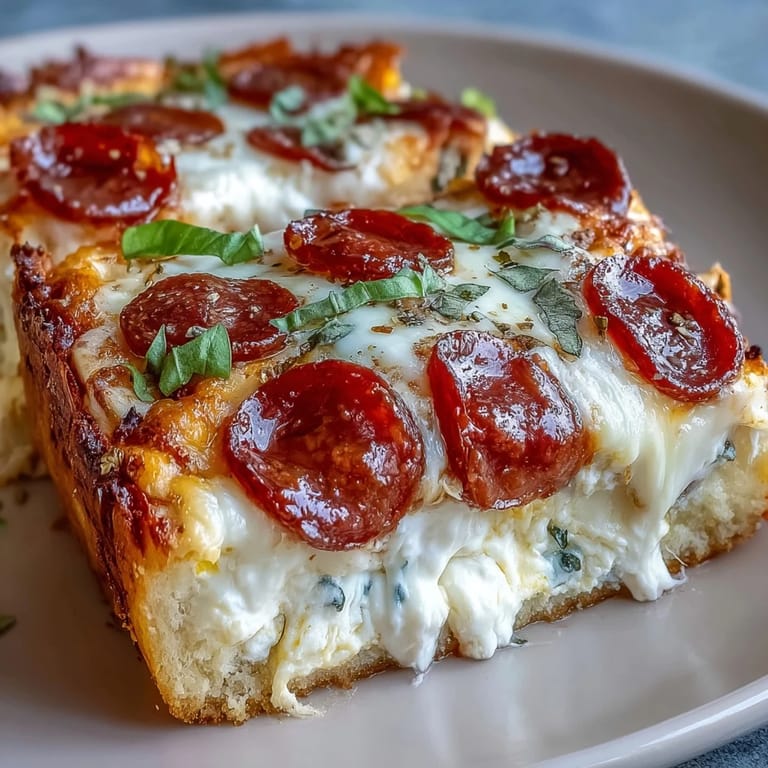 Sliced High-Protein Pizza Breakfast Casserole showing layers of Greek yogurt dough, fluffy egg filling, and colorful bell pepper toppings.