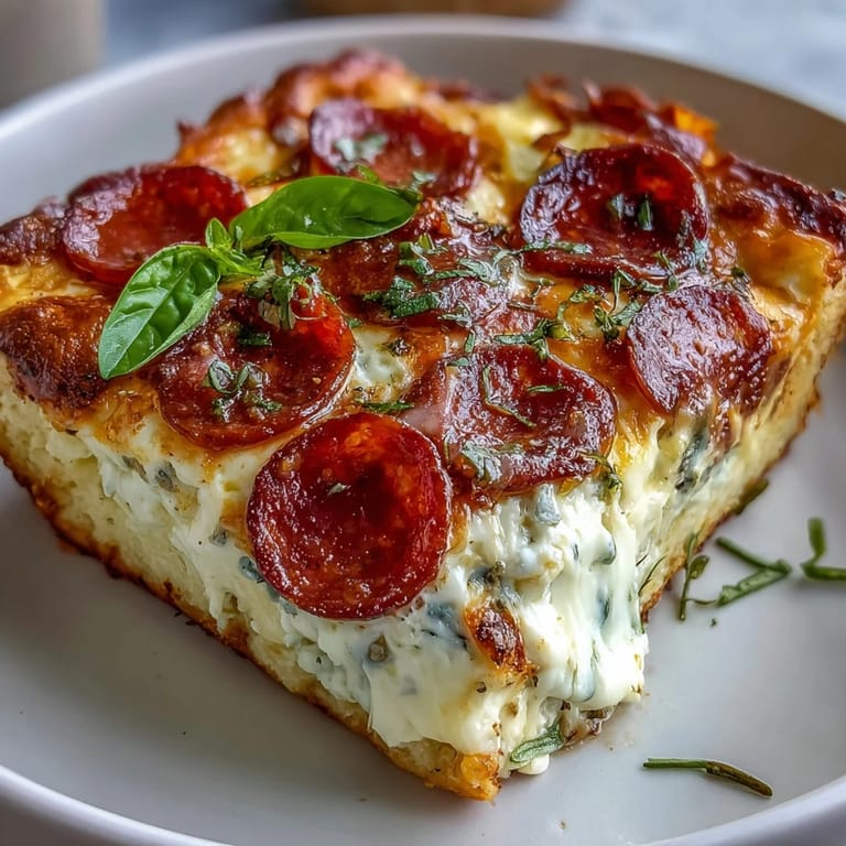 A serving of High-Protein Pizza Breakfast Casserole on a white plate, ready to enjoy with a side of fresh fruit.