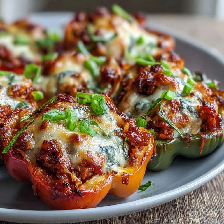 A close-up view of Korean-Style Turkey Stuffed Sweet Peppers, brimming with savory ground turkey and sprinkled with fresh green onions and sesame seeds.