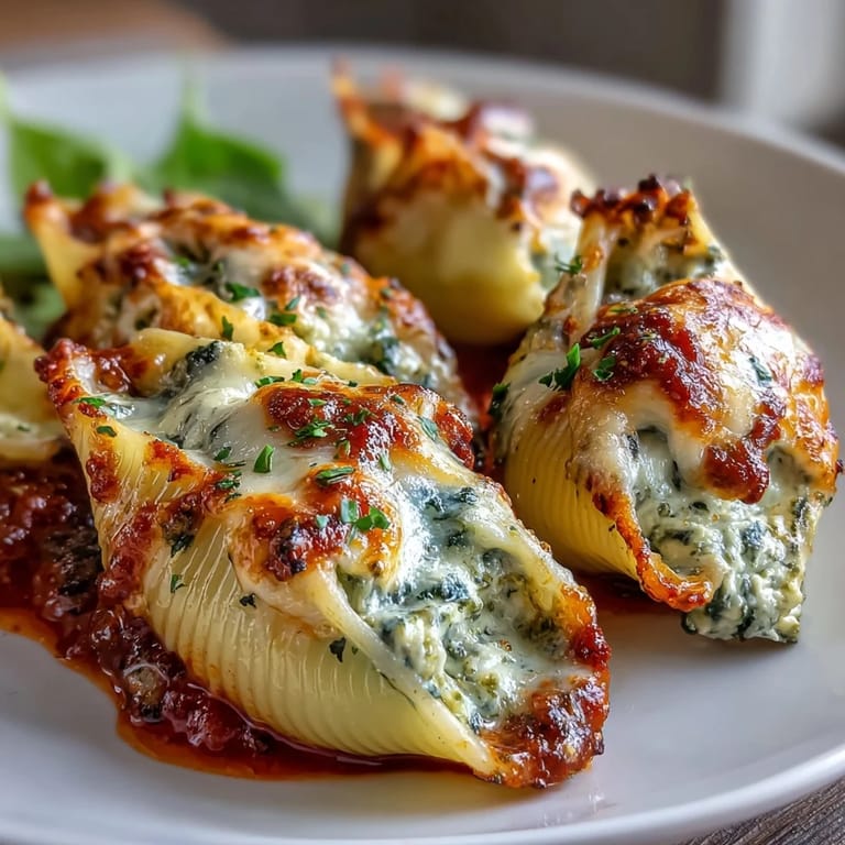 Tender jumbo pasta shells filled with creamy Greek-yogurt pesto chicken, nestled in tangy marinara and baked until bubbly.