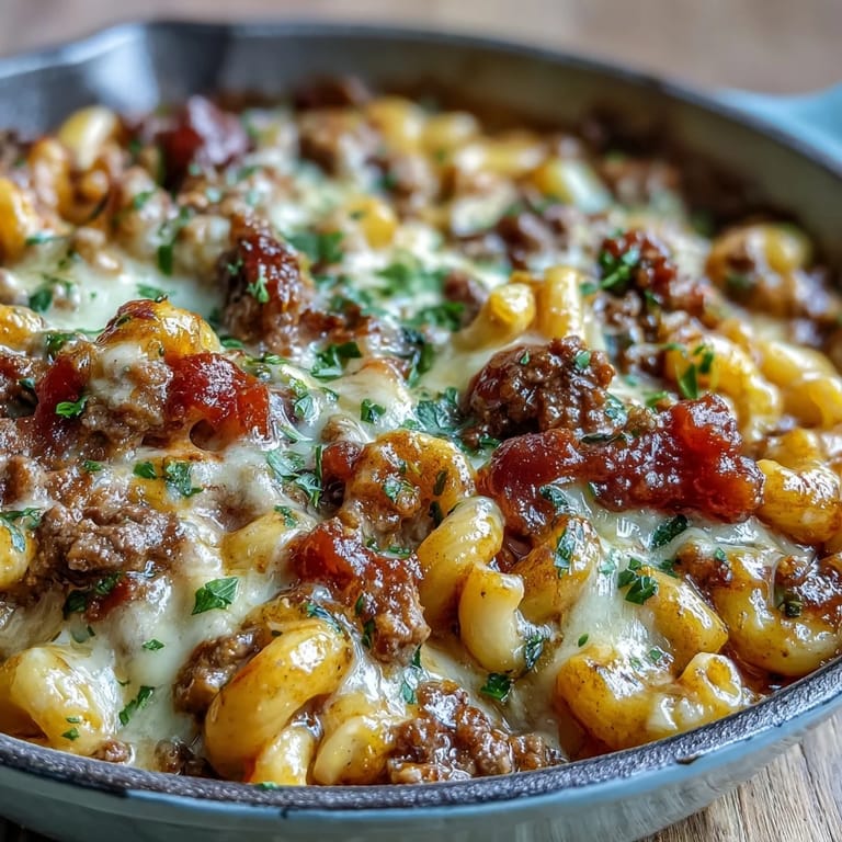 Serving suggestion for One-Pan Cheeseburger Chili Mac with ketchup swirls and pickles for a cheeseburger vibe.