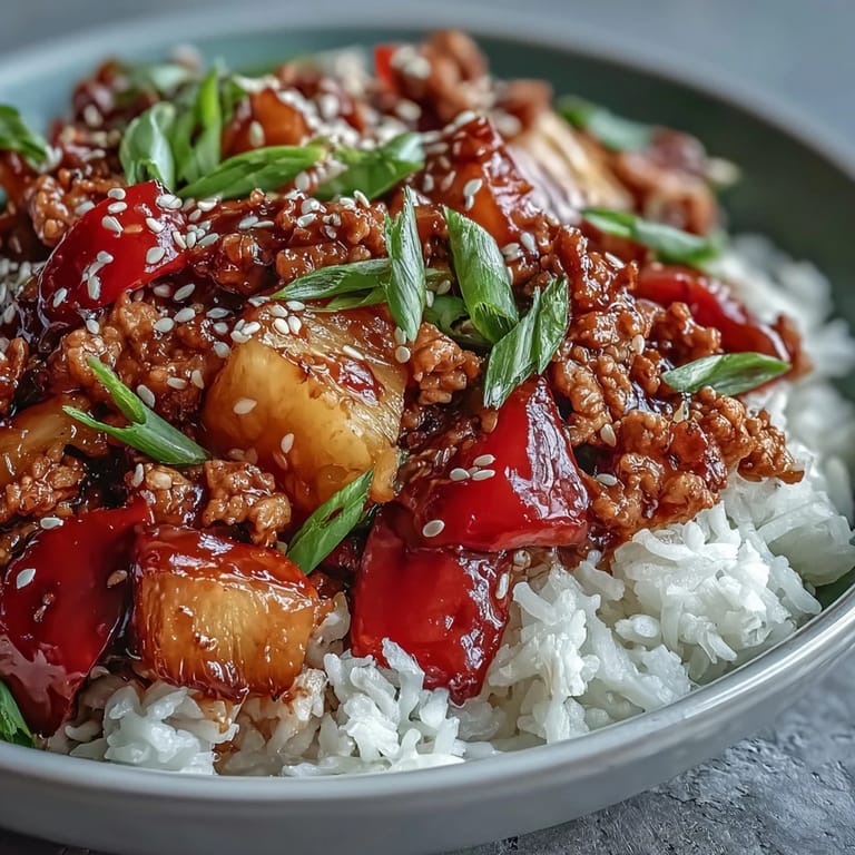 Sizzling Sweet-and-Sour Turkey Rice Skillet in a pan, featuring tender ground turkey and vibrant peppers in a glossy sauce.