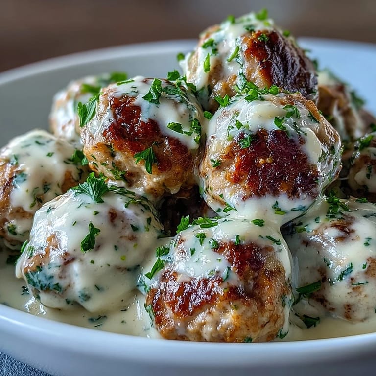 Baked Creamy Garlic Ranch Turkey Meatballs served hot over mashed potatoes with chives and crusty bread.