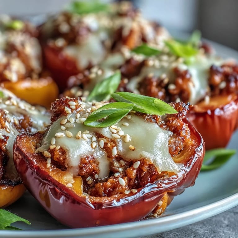Golden, bubbling cheese tops these Korean-Style Turkey Stuffed Sweet Peppers, arranged on a baking sheet with a drizzle of spicy sauce nearby.