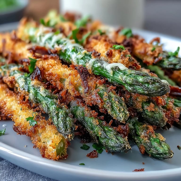 A close-up of oven-baked Crispy Chili-Garlic Asparagus Fries served with creamy dipping sauce on a rustic plate.