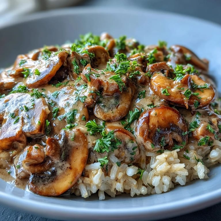 A rustic skillet of Vegan Mushroom Stroganoff paired with wholesome brown rice, showing off its thick, peppery, dairy-free gravy.