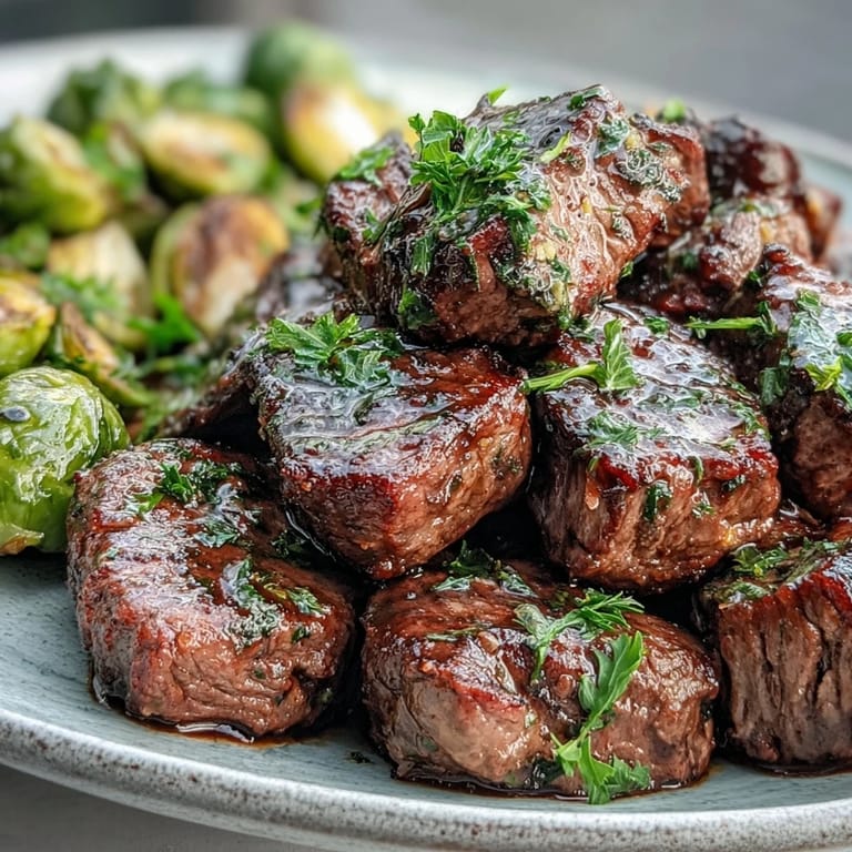 Savory Keto Lemon Garlic Butter Steak Bites with Roasted Brussels Sprouts, garnished with fresh parsley for a low-carb dinner.