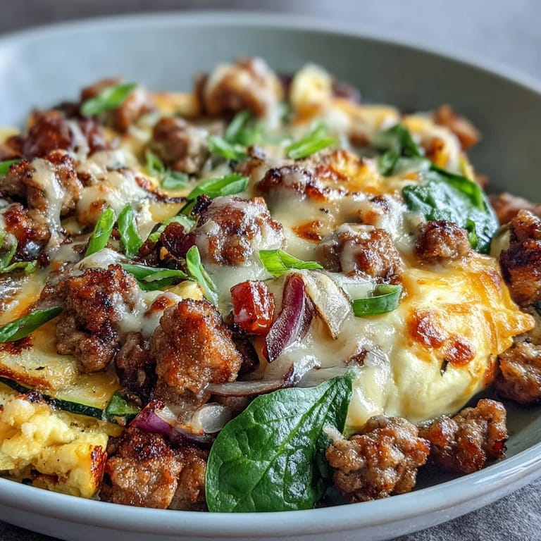 Fork holding a bite of Keto Sausage and Veggie Breakfast Scramble, showing melted cheddar, zucchini, and fresh spinach.