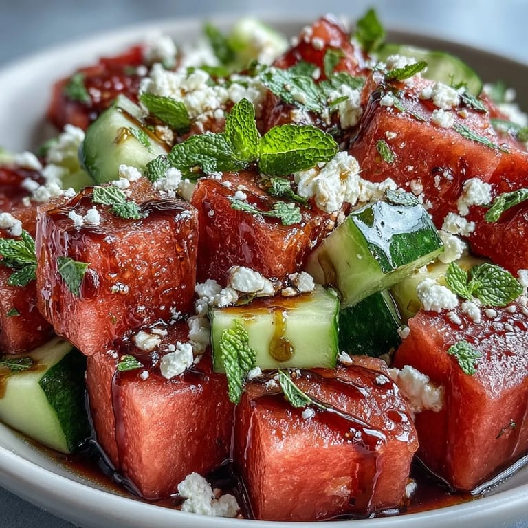 Colorful serving bowl of Watermelon Feta Cucumber Salad with Balsamic Glaze, featuring red melon, green cucumber, and white cheese.