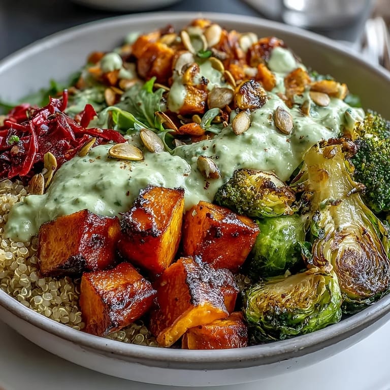 Nourishing plant-based meal featuring quinoa, chickpeas, and seasonal vegetables, drizzled with fresh herb avocado dressing in a vibrant bowl.  