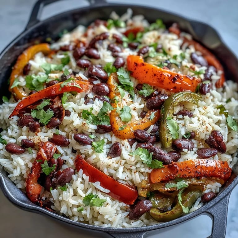 Smoky, spiced one-pan fajita rice with sautéed peppers, black beans, and tomatoes, perfect for a quick vegan dinner.  