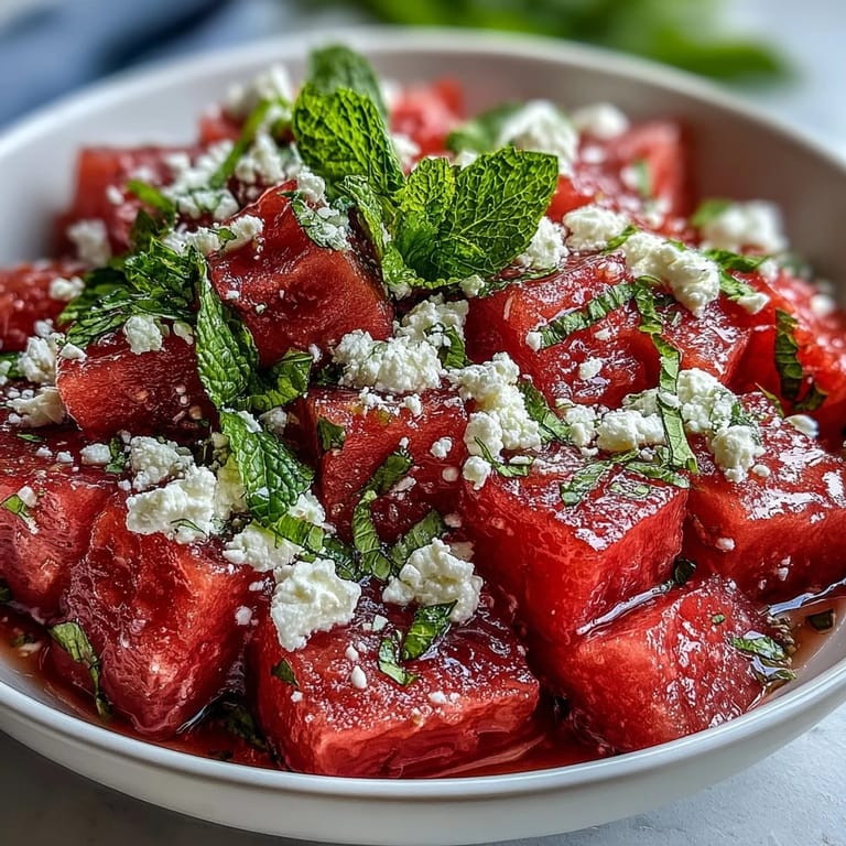 A refreshing summer salad featuring sweet watermelon, tangy feta, and aromatic mint, drizzled with olive oil and lime juice.