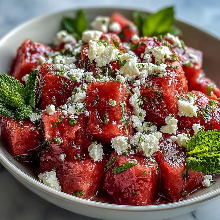 Colorful 5-Ingredient Watermelon Feta Mint Salad served in a white bowl, showcasing the perfect balance of flavors and textures.
