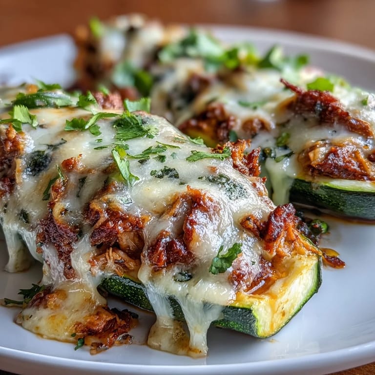 Colorful zucchini boats filled with keto-friendly enchilada chicken and bubbling cheese topping.