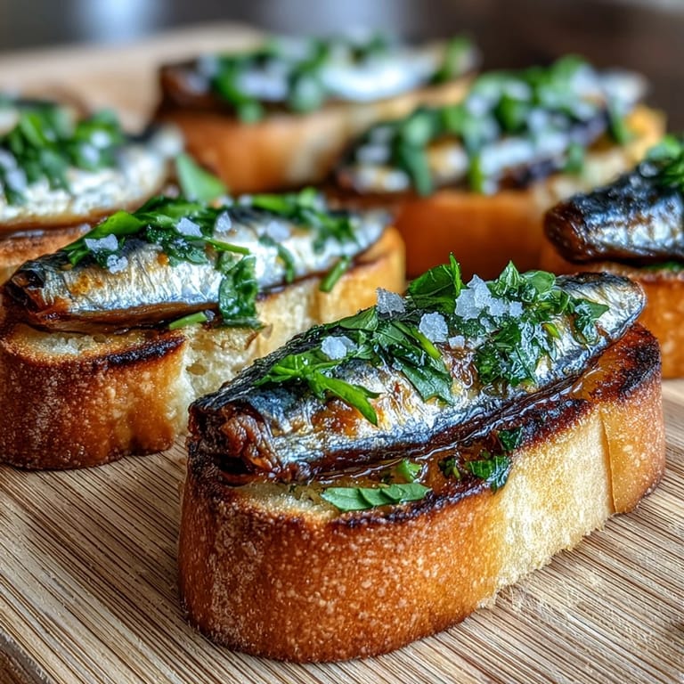 Toasted baguette slices topped with sardines, lemon juice, and parsley for a bright Mediterranean bite.  