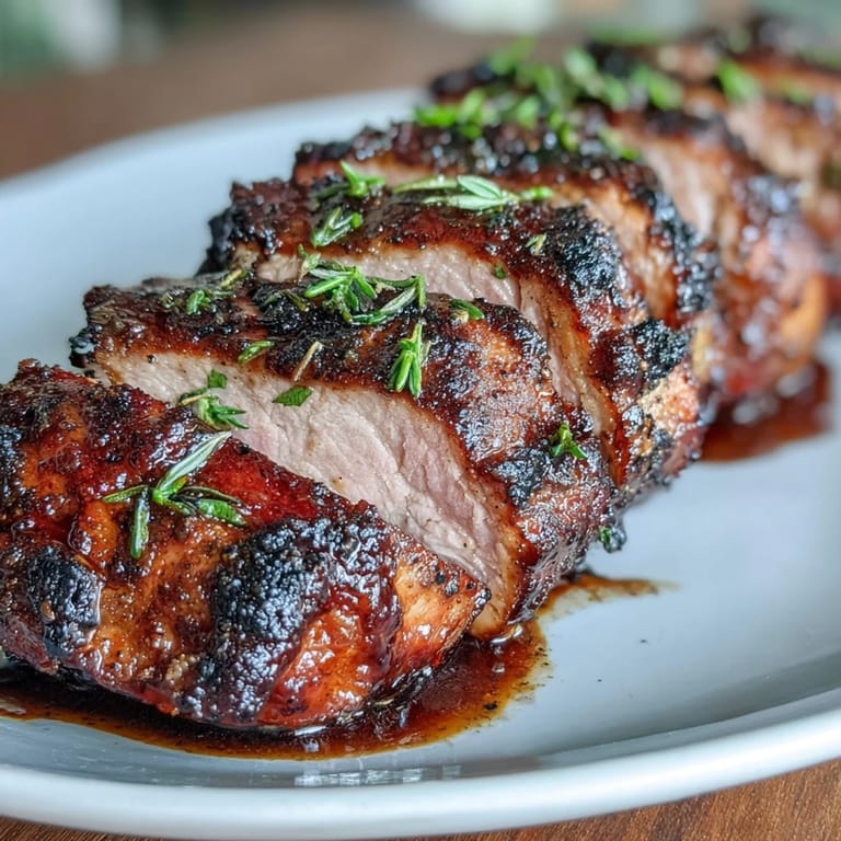 Flavorful jerk pork tenderloin with a caramelized crust, sliced and plated alongside fragrant coconut rice and grilled vegetables.