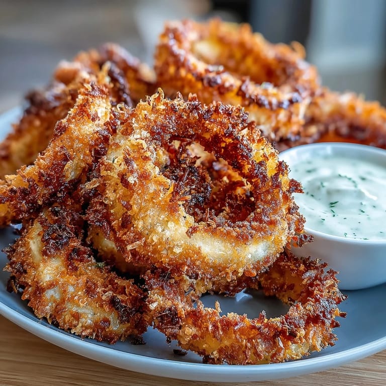 Crunchy panko-coated onion rings with a smoky paprika crust, paired with creamy homemade garlic aioli for dipping.  