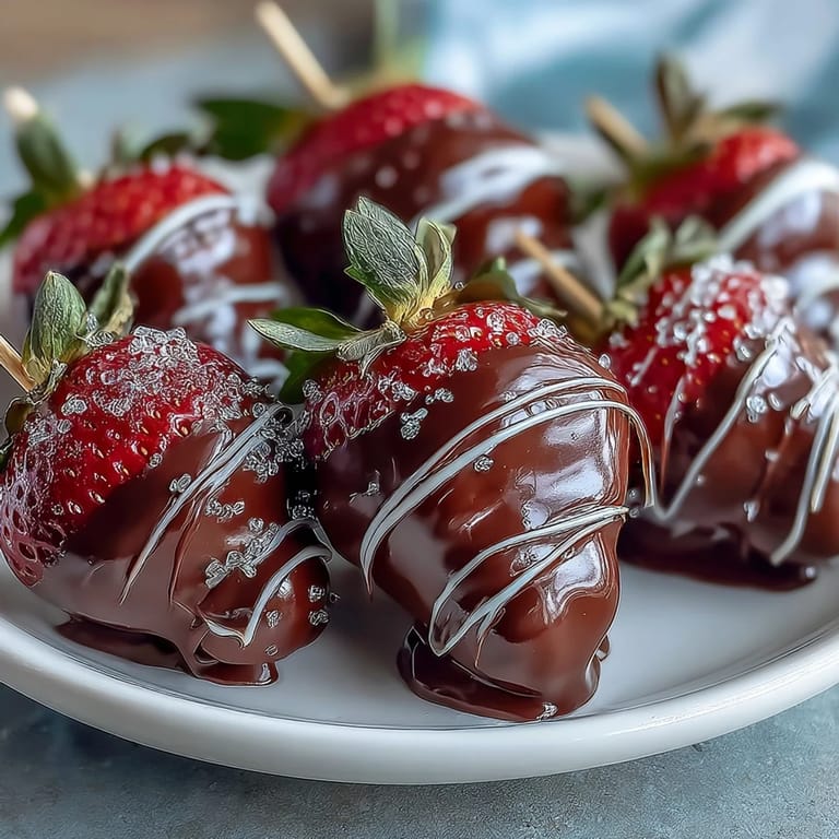 Elegant Valentine's Day dessert featuring juicy strawberries coated in rich dark chocolate, garnished with chopped nuts and wrapped in tissue paper.