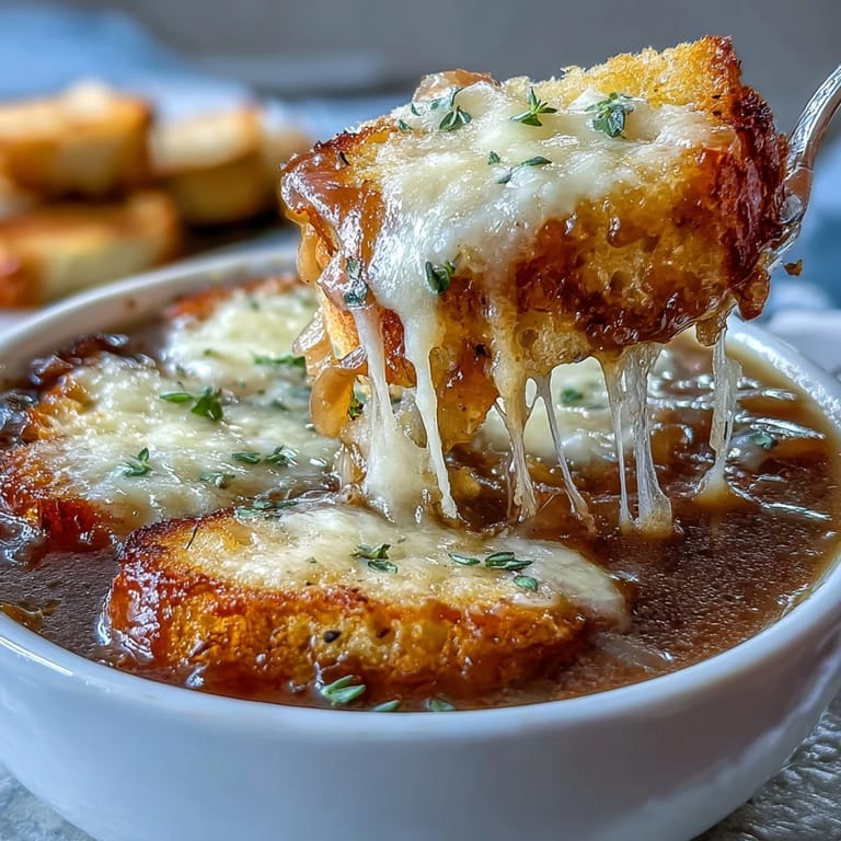 Toasted sourdough baguette rounds topped with melted, bubbly Gruyere cheese, ready to be served with French onion soup.