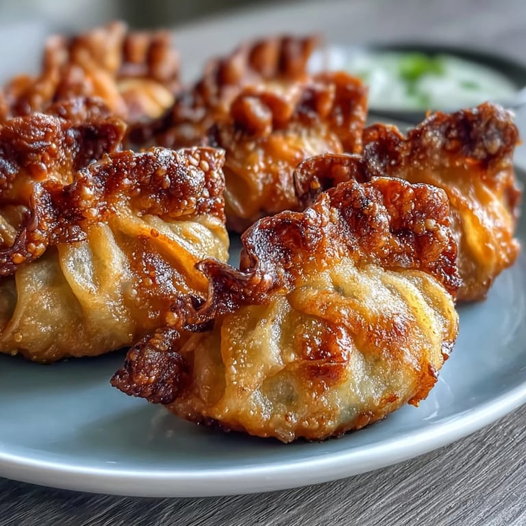 Golden air fryer dumplings with crunchy exterior and savory filling, served alongside zesty soy ginger dipping sauce.